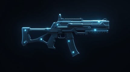 A sleek futuristic plasma rifle with glowing blue elements on a dark background
