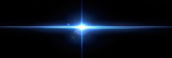 Bright blue light flare radiating horizontally and vertically on black