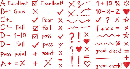 Handwritten grading symbols, teacher feedback marks, letter grades, checkmarks, crosses, stars, hearts, math annotations, classroom assessment icons, education rubric elements