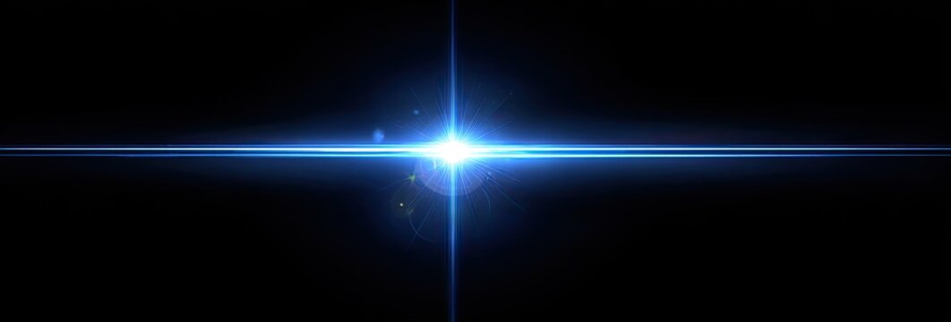 Bright blue light flare radiating horizontally and vertically on black - Powered by Adobe