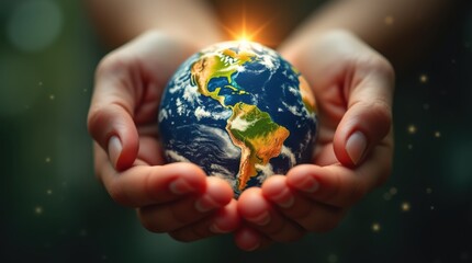 Fototapeta premium A small, glowing planet Earth held gently in cupped hands 