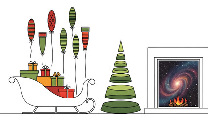 Fireplace with Christmas tree, sleigh gifts decorations. Christmas sleigh and festive decoration cozy winter holiday home interior illustration. Christmas greeting card design. 