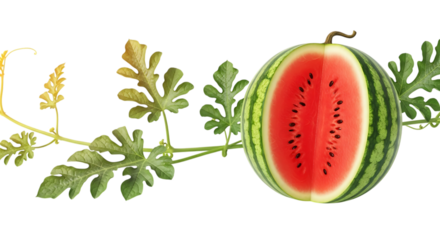 Juicy Watermelon Half, with Green Vine and Leaves, cutout, PNG isolated on white or transparent background