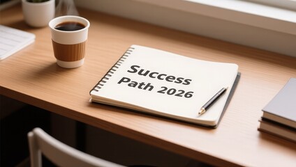 Notebook with Success Path 2026 on a Wooden Desk with Coffee