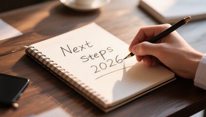 Hand Writing Next Steps for 2026 on Notepad in Bright Workspace