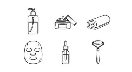 Collection of elegant line art icons for skincare routine, featuring serum, moisturizer, and facial roller.