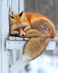 Obraz premium Sleeping fox curled on weathered, white wooden structure