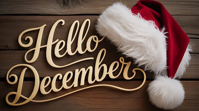 Festive Hello December greeting with Santa hat on wood background