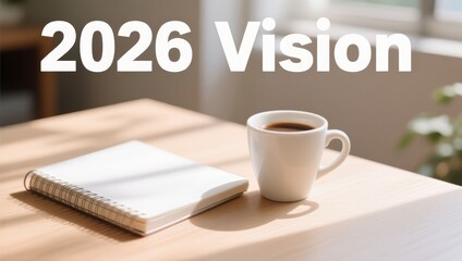 Vision for 2026 with Coffee and Notepad on a Wooden Table