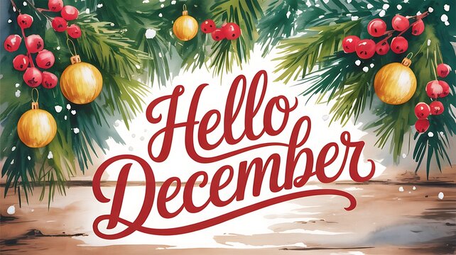 Festive Hello December watercolor artwork with ornaments and berries