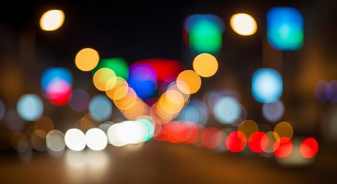 Blurred city lights at night creating a bokeh effect on the street