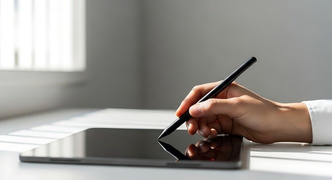 Person Using Digital Drawing Tablet with Stylus in Modern Workspace - Powered by Adobe
