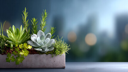 Succulents and herbs growing in a modern concrete planter, bringing greenery and natural elements to an urban setting