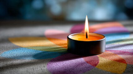 Burning candle illuminating colorful flower petals, symbolizing peace, hope, remembrance, and meditation