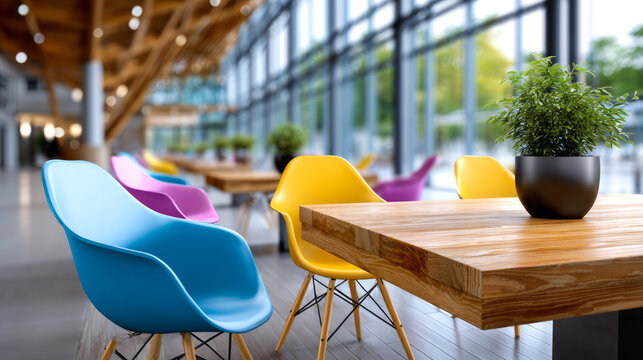 Colorful chairs and natural wood tables in a modern, open plan cafeteria providing a lively office or public space interior