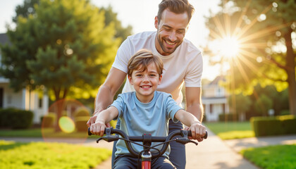 Father teaches young son to ride a bicycle in sunny neighborhood during summer  