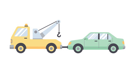 A yellow tow truck is assisting a light green vehicle on the road