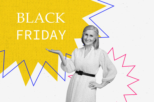 Creative sketch art collage of happy old woman show palm flash black friday discount bargain consumerism customer mall client - Powered by Adobe