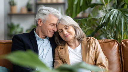 Obraz premium Senior couple relaxing on a couch, embracing love and affection, enjoying a happy romantic moment together at home