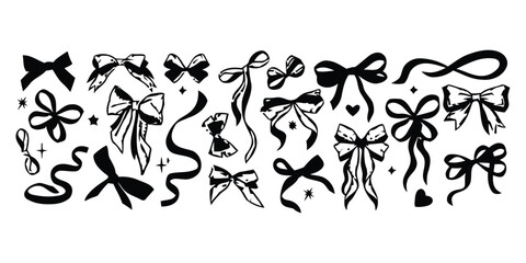 bow, ribbon, gift, present, decoration, celebration, party, festive, elegant, simple, graphic, design, element, icon, symbol, isolated, white background, black, silhouette, collection, assortment, var