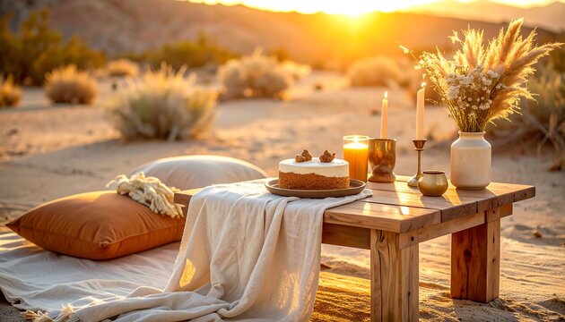 Rustic Dessert Table Arrangement with Cake and Candles at Sunset