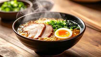 Fototapeta premium A steaming bowl of hot ramen noodles on a wooden table. It is richly topped with Meat sliced, a perfect soft-boiled egg, seaweed, and fresh green onions