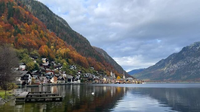 Lake Hallstatter See and the town of Hallstatt in autumn with snow-capped Alps and autumn foliage on the trees and swans swimming on the lake