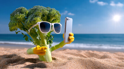 Broccoli character wearing sunglasses taking a selfie on a sunny summer beach vacation with a smartphone