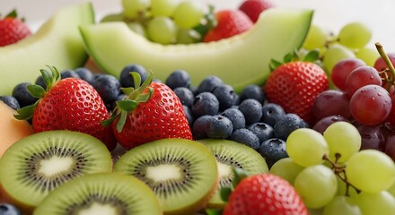 Fototapeta premium Fresh Colorful Fruit Salad with Strawberries Blueberries Kiwi Grapes Melon in Bright Light