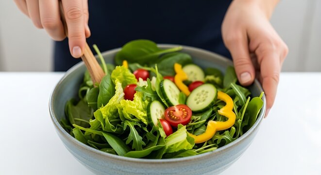 Fresh Green Salad with Cucumber Cherry Tomatoes and Yellow Pepper in Blue Bowl