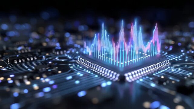 AI chip with pulsing neon circuits, streams of binary data flowing rapidly, floating holographic graphs representing energy trading efficiency