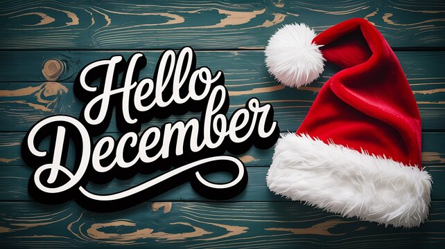 Hello December text and Santa hat on weathered wooden background