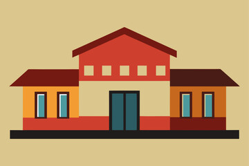 Modern flat design building with red roof and orange walls