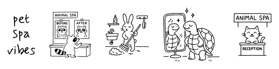 Fototapeta premium Animals in spa illustration for wellness and lifestyle infographics, before/after comparison, black and white cartoon vector
