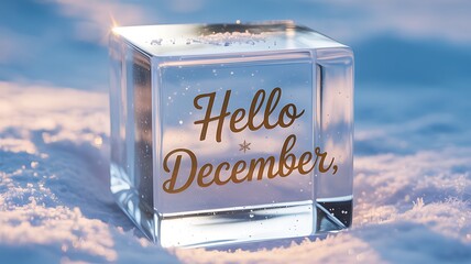 Hello December transparent ice cube on snow for winter season concept
