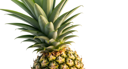 Close up of a ripe pineapple, with green spiky leaves and textured rind, cutout, PNG isolated on white or transparent background