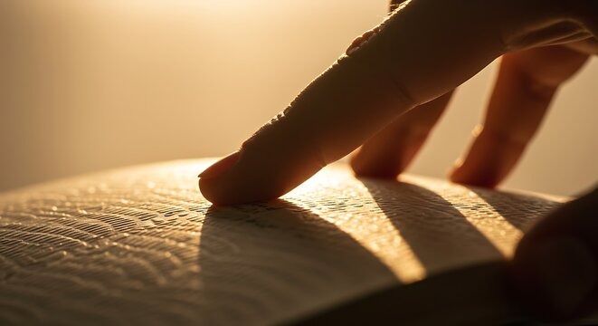 Hand touching smooth white surface illuminated by warm light, creating soft shadows and highlighting textures in a serene and contemplative mood.