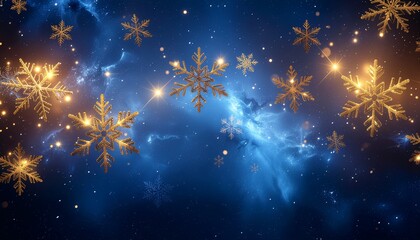 Sparkling golden snowflakes drift through a celestial blue nebula with shimmering stars, creating a magical winter holiday atmosphere.