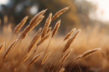 Fototapeta premium Golden wheat field at sunset with soft focus and warm lighting