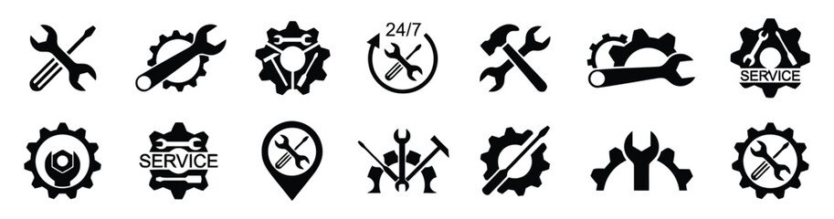 service, repair, tools, wrench, gear, screwdriver, hammer, maintenance, technical, support, icon, symbol, graphic, design, industrial, mechanical, engineering, workshop, construction, industry, 24/7, 