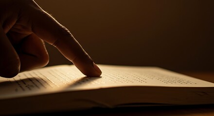 Finger points at the text in an open book under dim light, emphasizing the importance of reading and knowledge in a contemplative atmosphere.