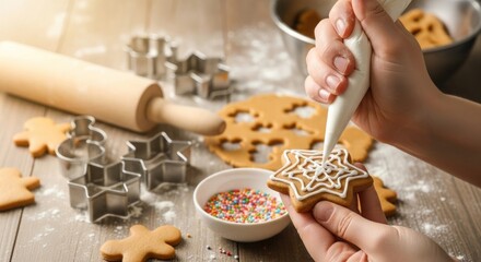 Decorating cookies with icing baking activity with tools and ingredients