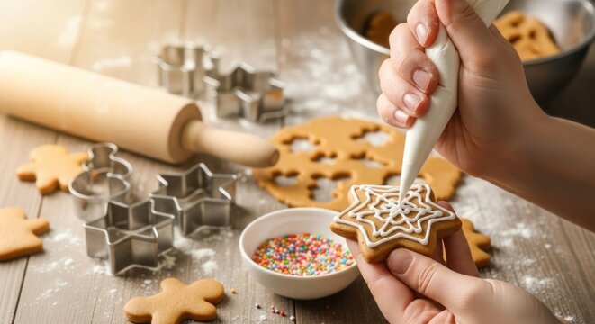 Decorating cookies with icing baking activity with tools and ingredients