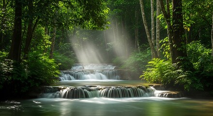 Naklejka premium Serene Forest River with Sunlight Rays Filtering Through Green Foliage