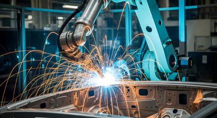 Robotic Arm Welding Car Body in Modern Factory with Flying Sparks
