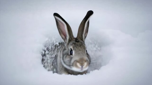 A wild hare cautiously emerges from its snow burrow. A cute gray rabbit looks at the camera in a winter scene. Wildlife and nature concept
