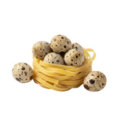 Obraz premium Delicate Quail Eggs nestled within a nest of freshly made fettuccine pasta