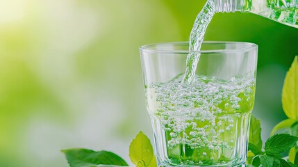 Refreshing water flows into a glass amidst vibrant greenery and sunlight for a healthful hydration experience