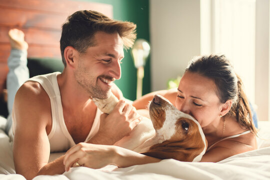 Couple and her Basset dog on bedroom having great time - Powered by Adobe