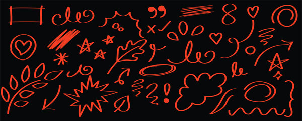 Dark Floral Doodle Design, Botanical Art on Black, Nature Line Illustration